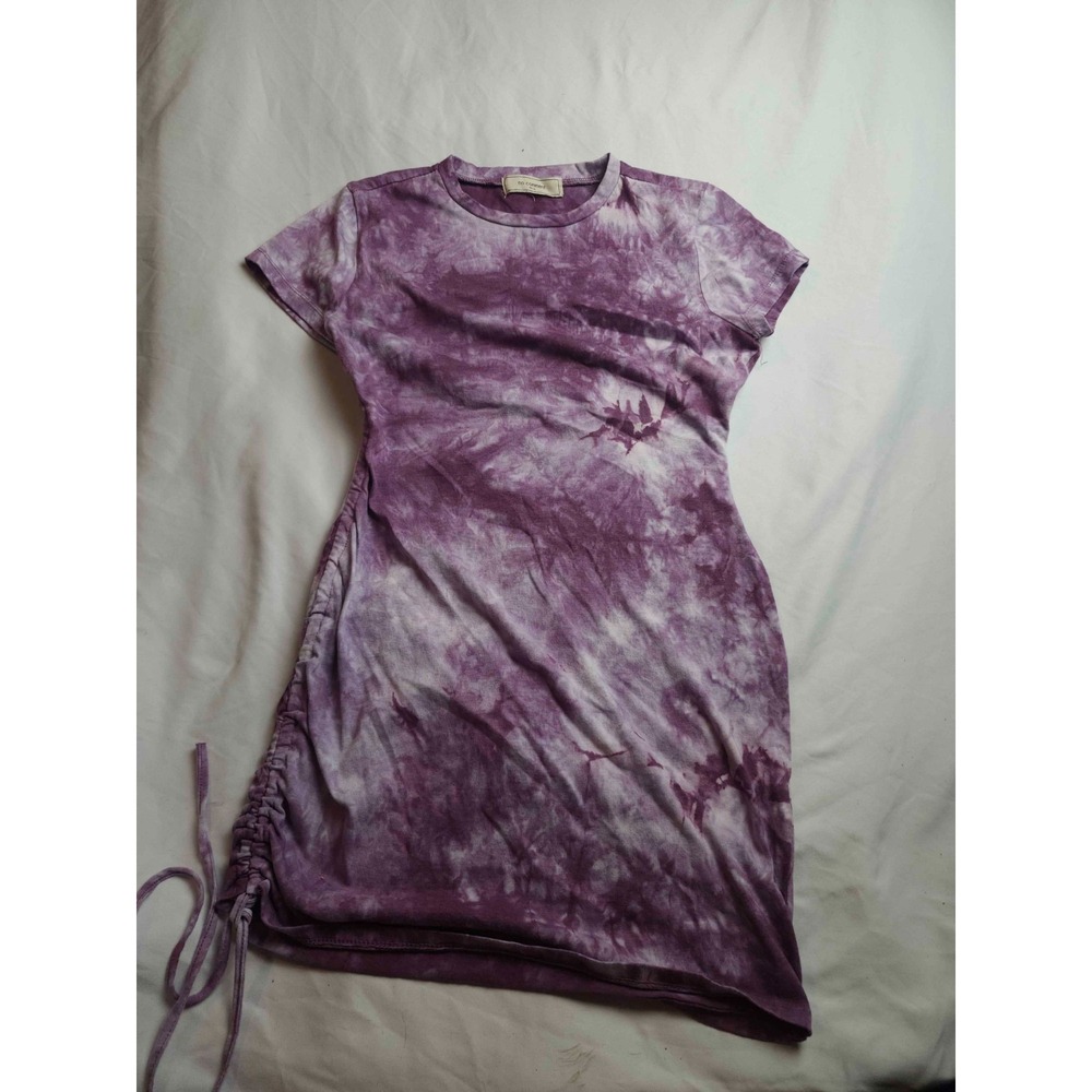 No Comment Dress Womens M Purple Tie Dye Short‎ Sleeve Ruched Side Drawstring